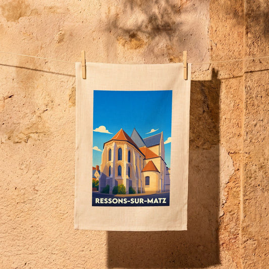 Torchon souvenir de la ville de Ressons-sur-Matz avec une illustration stylisée de son église.