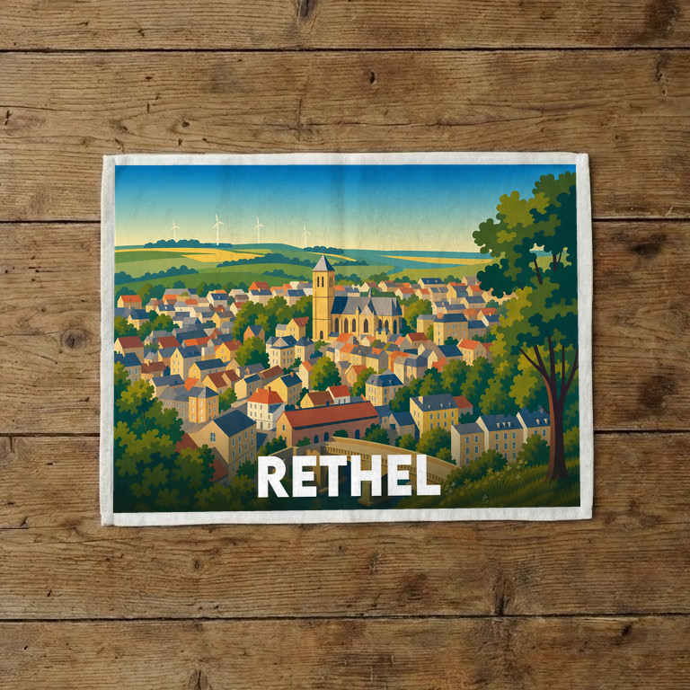 Torchon souvenir de la ville de Rethel avec une illustration colorée et stylisée de son paysage urbain.