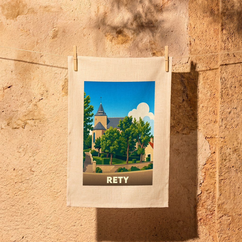 Torchon souvenir de la ville de Rety orné d'une illustration stylisée de son église.