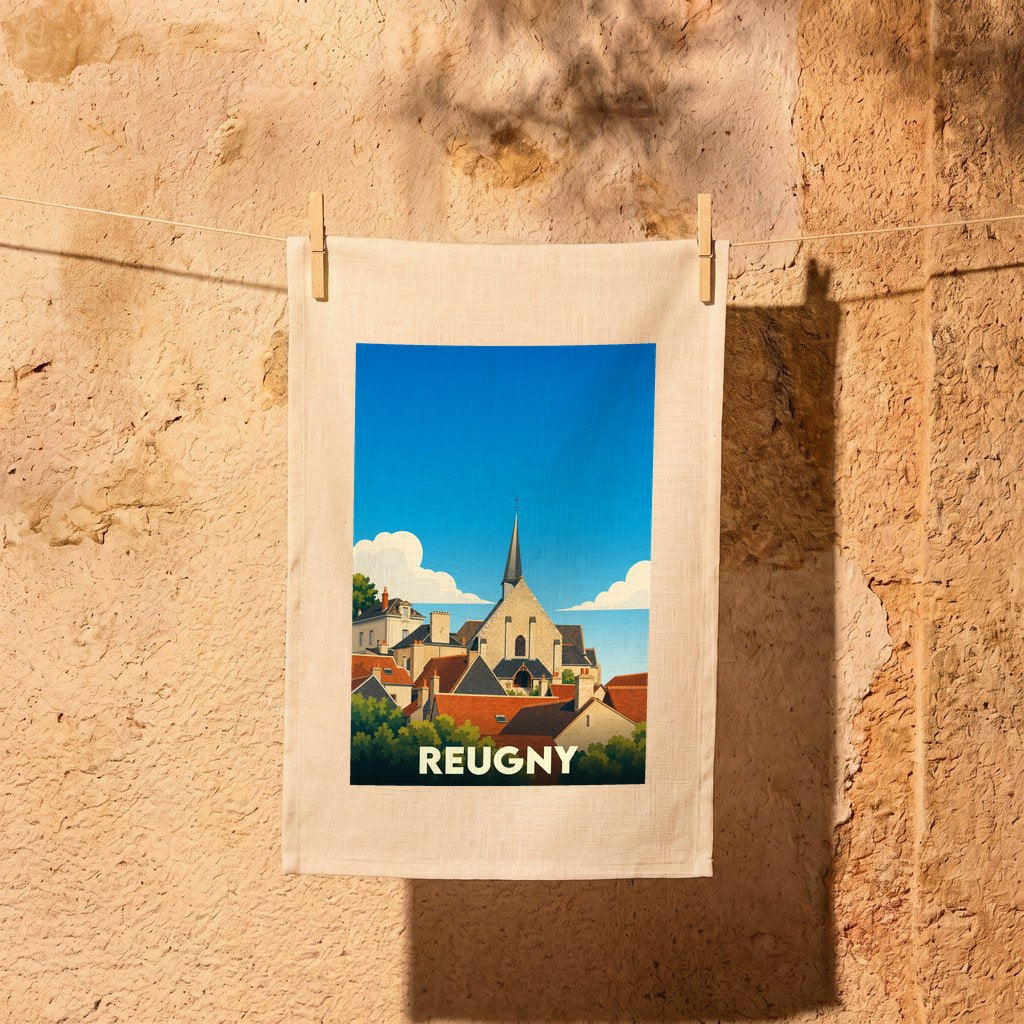 Torchon souvenir de la ville de Reugny illustré par un paysage urbain stylisé.