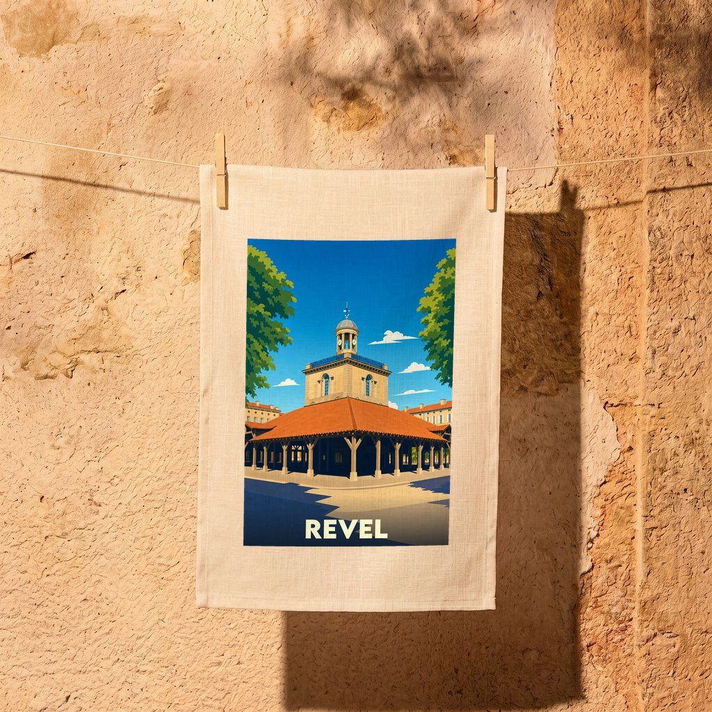 Torchon souvenir de la ville de Revel avec une illustration stylisée de sa halle centrale.