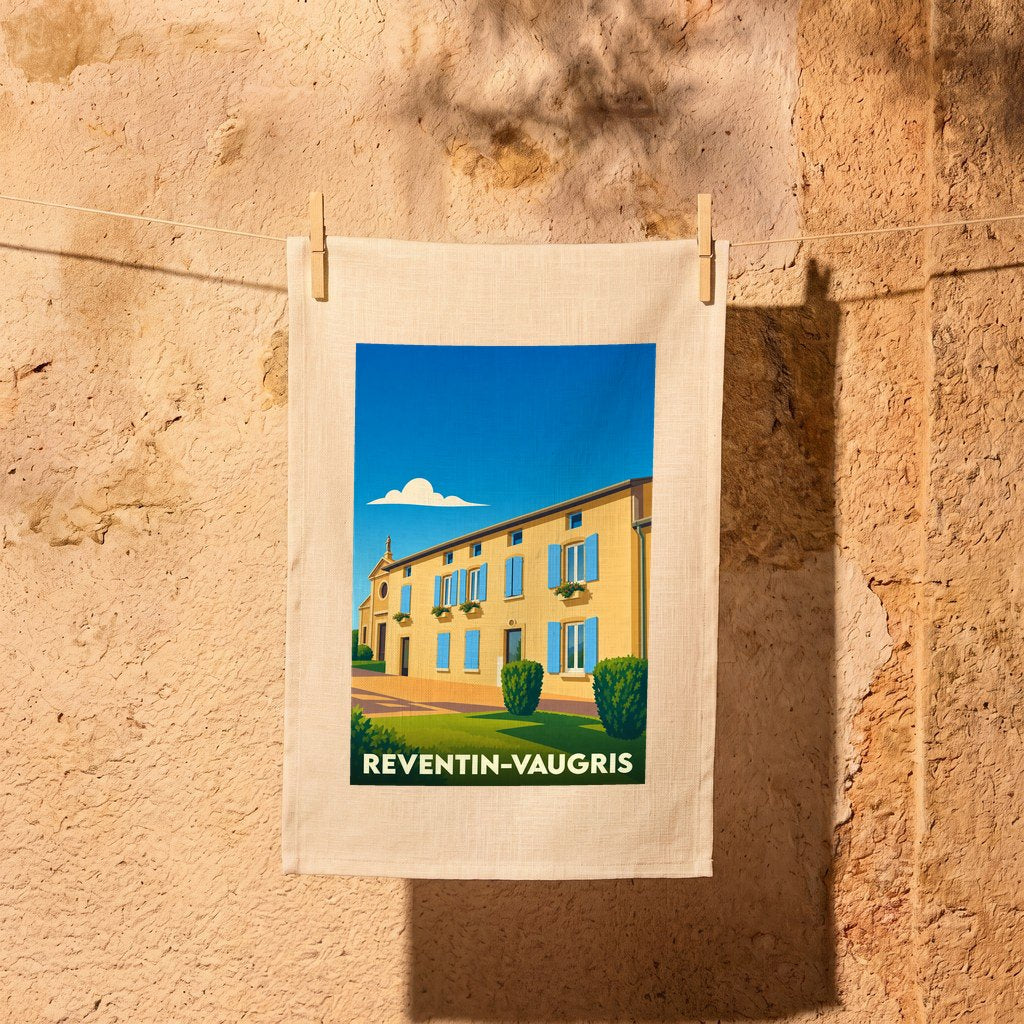 Torchon souvenir de la ville de Reventin-Vaugris avec une illustration stylisée.