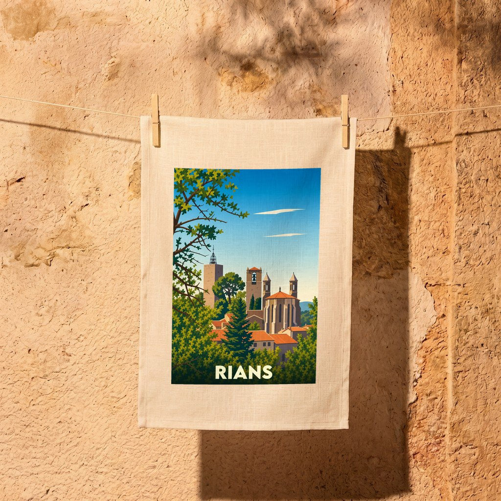 Torchon souvenir de la ville de Rians avec une illustration stylisée.