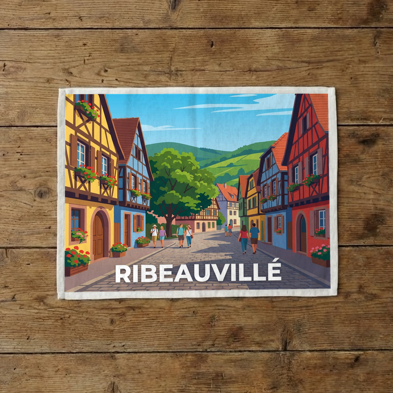 Torchon souvenir de la ville de Ribeauvillé avec une illustration stylisée et colorée.
