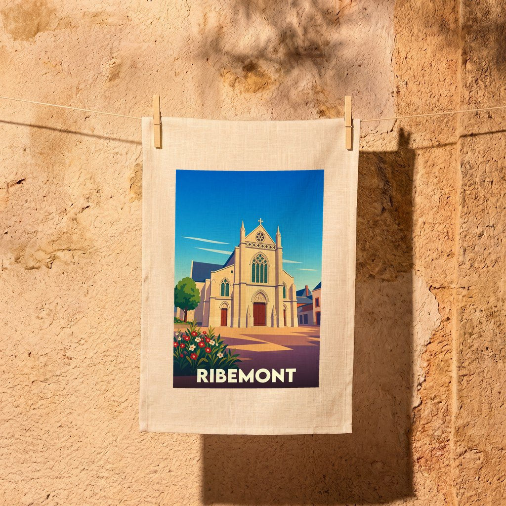 Torchon souvenir de la ville de Ribemont avec une illustration stylisée de son église.