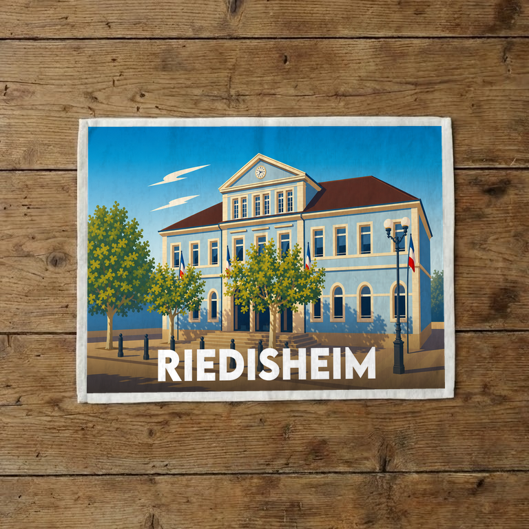 Torchon souvenir de la ville de Riedisheim avec une illustration stylisée.