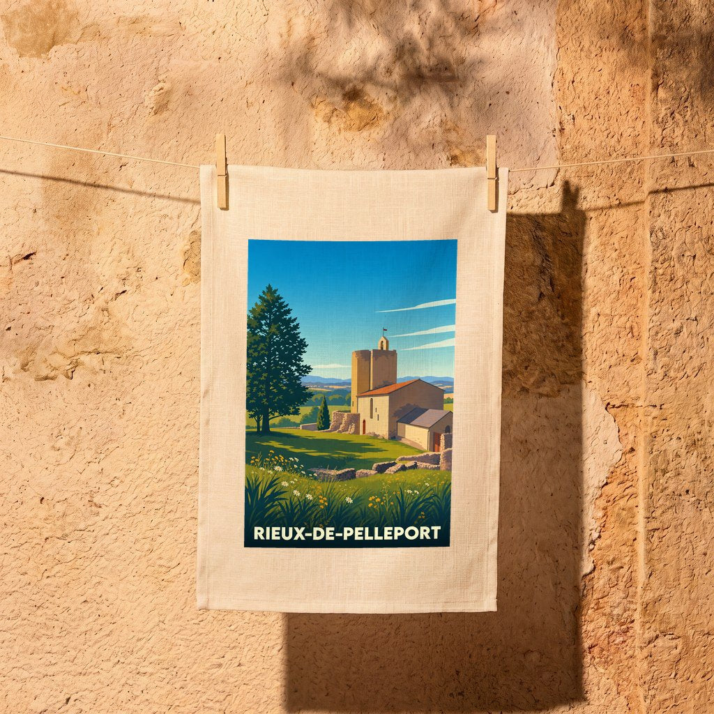 Torchon souvenir de la ville de Rieux-de-Pelleport avec une illustration stylisée.