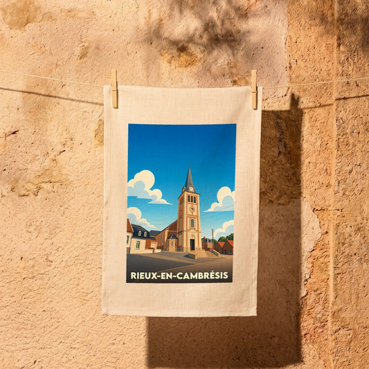 Torchon souvenir de la ville de Rieux-en-Cambrésis avec une illustration stylisée de son église.