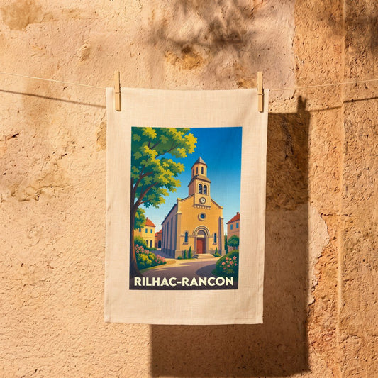 Torchon souvenir de la ville de Rilhac-Rancon avec une illustration stylisée de son église.