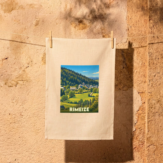 Torchon souvenir de la ville de Rimeize avec une illustration paysagère stylisée.