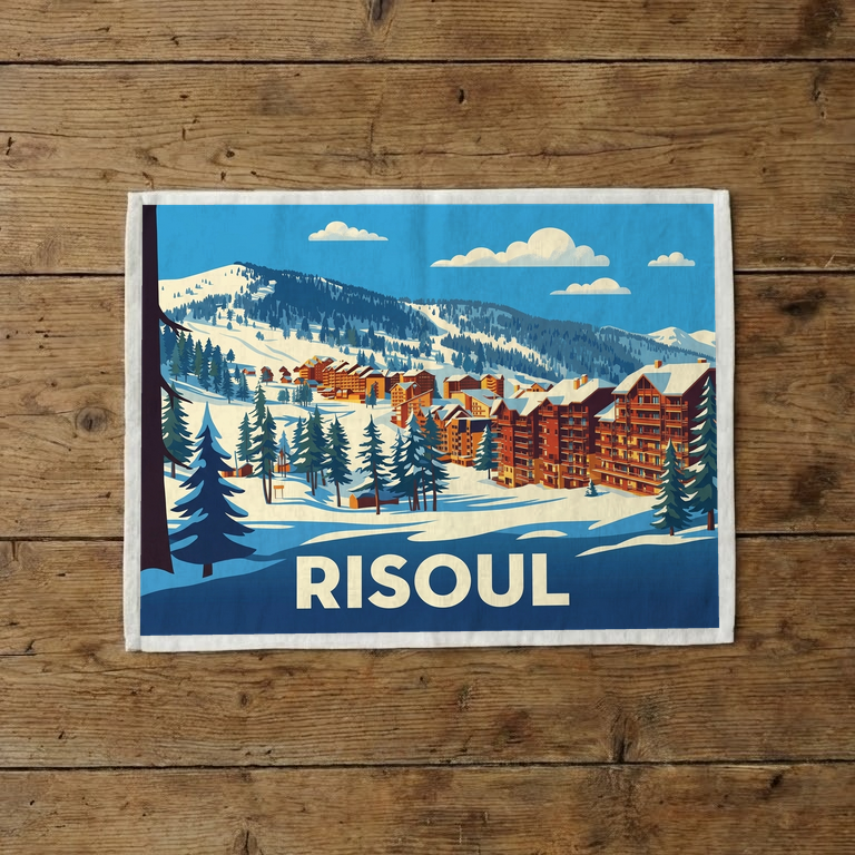 Torchon souvenir de la ville de Risoul avec une illustration stylisée d'un paysage de montagne enneigé.