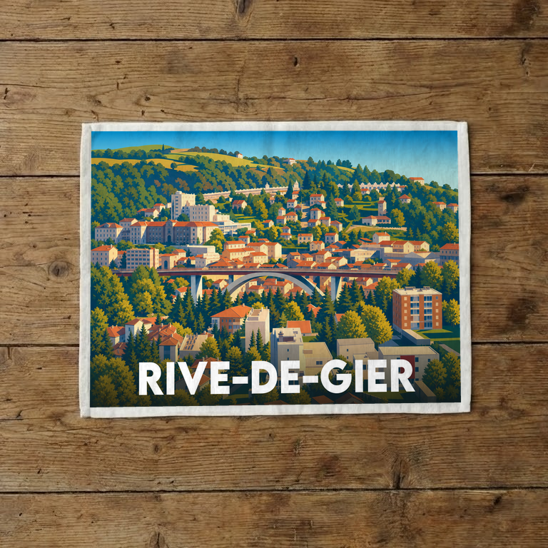 Torchon souvenir de la ville de Rive-de-Gier avec une illustration stylisée.