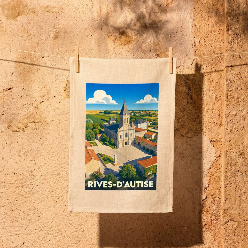 Torchon souvenir de la ville de Rives-d'Autise avec une illustration stylisée d'un paysage urbain historique.
