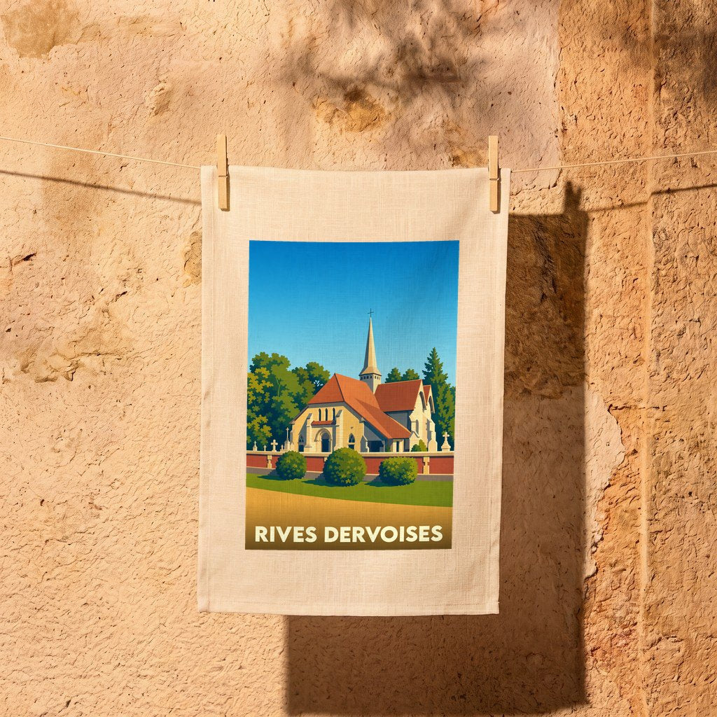 Torchon souvenir de la ville de Rives Dervoises illustrant son église dans un style vintage.
