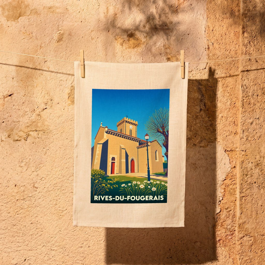 Torchon souvenir de la ville de Rives-du-Fougerais avec une illustration stylisée de son église.