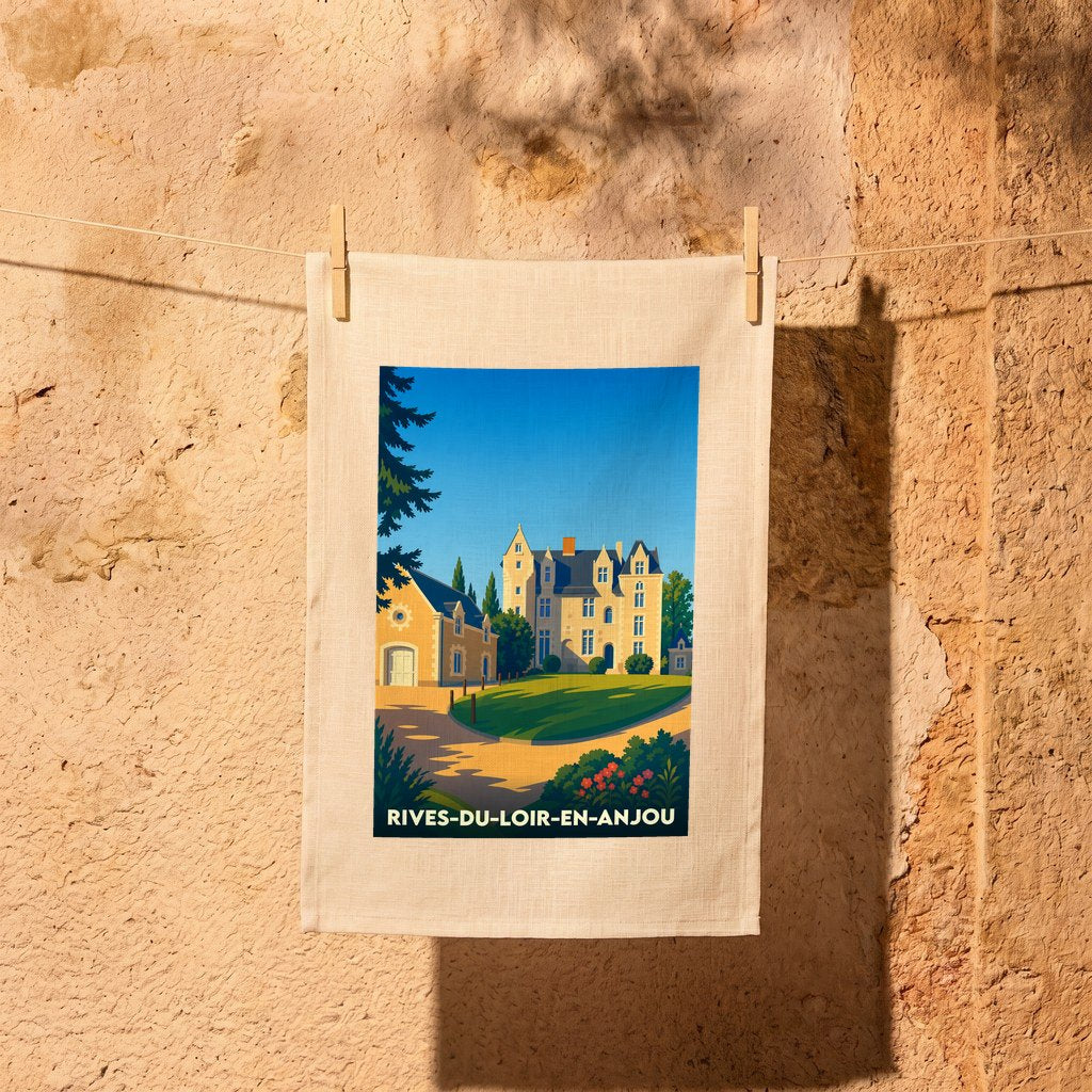 Torchon souvenir de la ville de Rives-du-Loir-en-Anjou avec une illustration stylisée d'un château.