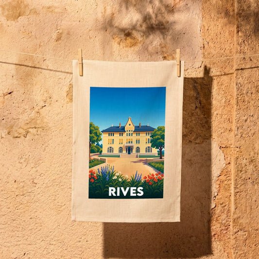 Torchon souvenir de la ville de Rives avec une illustration stylisée d'un bâtiment historique.