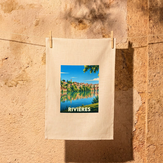 Torchon souvenir de la ville de Rivières avec une illustration stylisée.