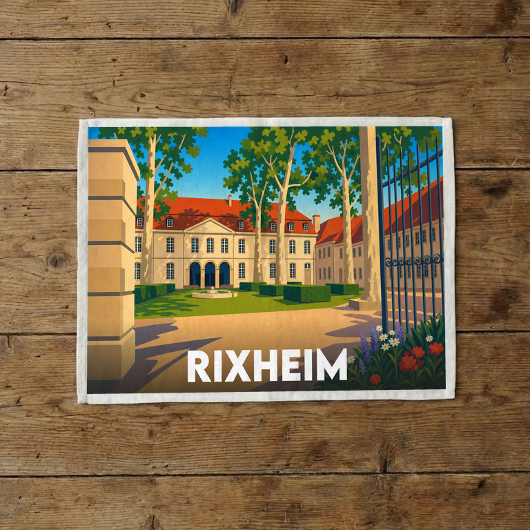 Torchon souvenir de la ville de Rixheim avec une illustration stylisée de la Commanderie.