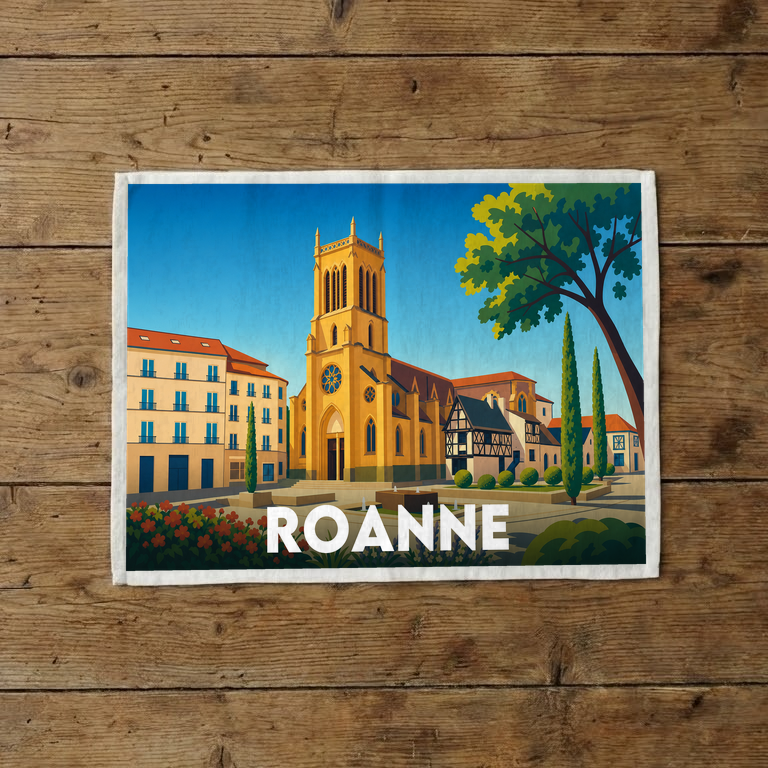 Torchon souvenir de la ville de Roanne avec une illustration stylisée de ses monuments historiques.