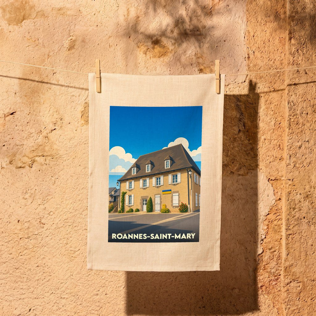 Torchon souvenir de la ville de Roannes-Saint-Mary illustré d'un dessin stylisé représentant une maison traditionnelle sous un ciel bleu.