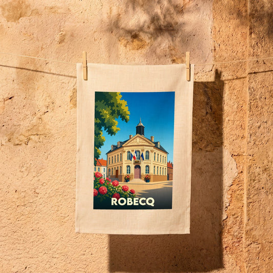 Torchon souvenir de la ville de Robecq avec une illustration stylisée de son hôtel de ville.