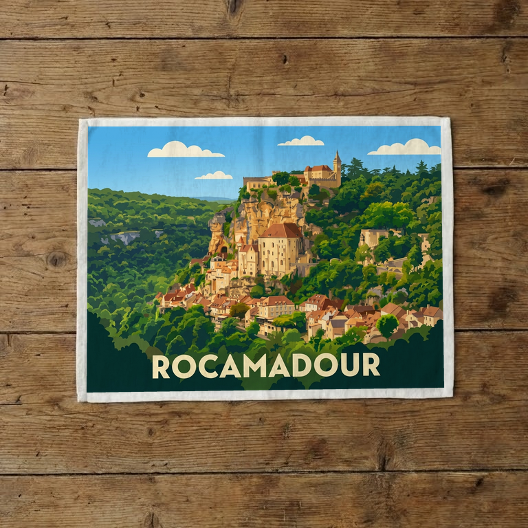 Torchon souvenir de la ville de Rocamadour avec une illustration stylisée de ses falaises.