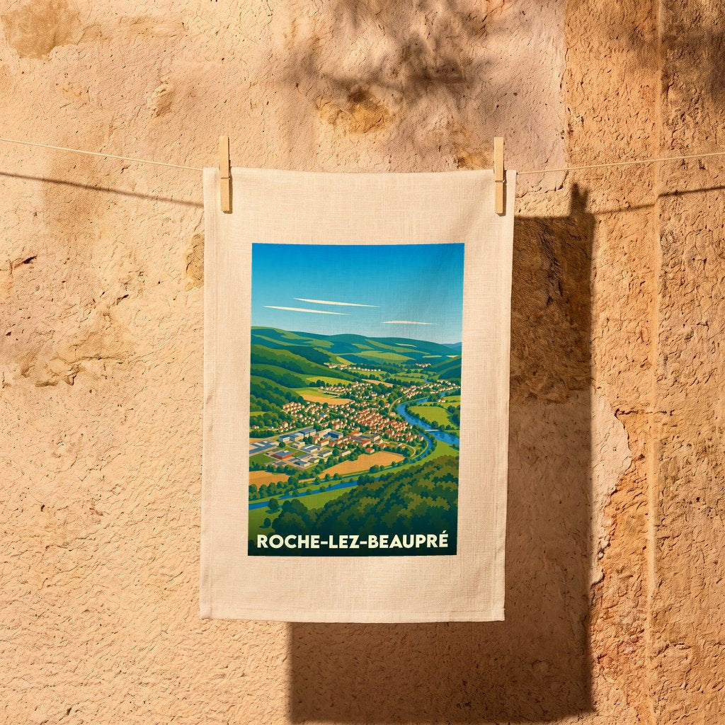 Torchon souvenir de la ville de Roche-lez-Beaupré avec une illustration paysagère stylisée.