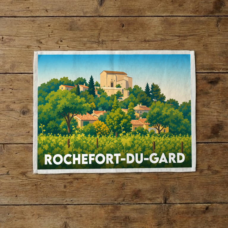 Torchon souvenir de la ville de Rochefort-du-Gard illustrant son paysage provençal typique.
