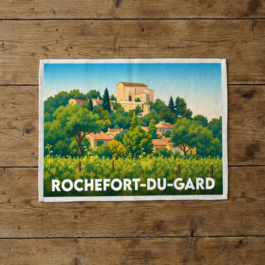 Torchon souvenir de la ville de Rochefort-du-Gard illustrant son paysage provençal typique.