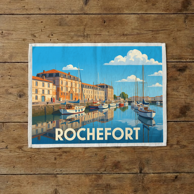 Torchon souvenir de la ville de Rochefort avec une illustration stylisée de son port de plaisance.