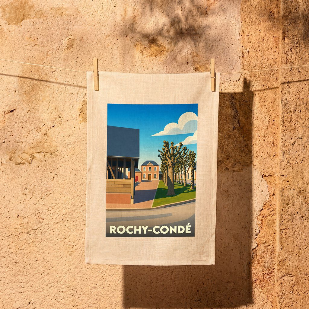 Torchon souvenir de la ville de Rochy-Condé avec une illustration stylisée.