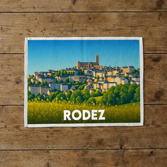 Torchon souvenir de la ville de Rodez avec une illustration stylisée du paysage urbain.