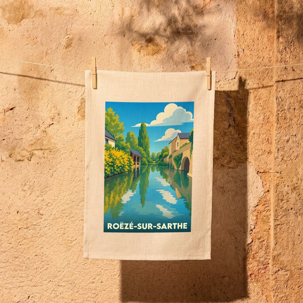 Torchon souvenir de la ville de Roëzé-sur-Sarthe avec une illustration stylisée des bords de la Sarthe.