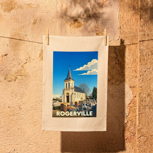 Torchon souvenir de la ville de Rogerville avec une illustration stylisée d'une église et son cimetière.