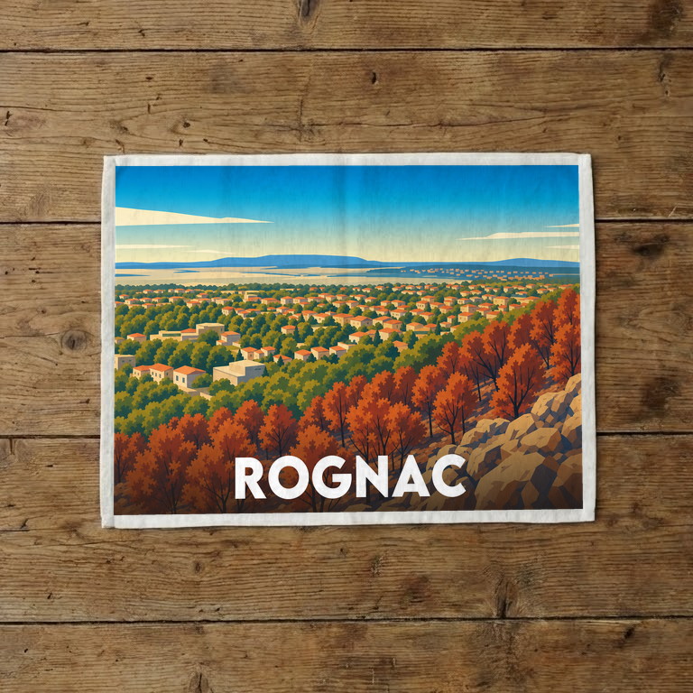 Torchon souvenir de la ville de Rognac avec une illustration panoramique stylisée.