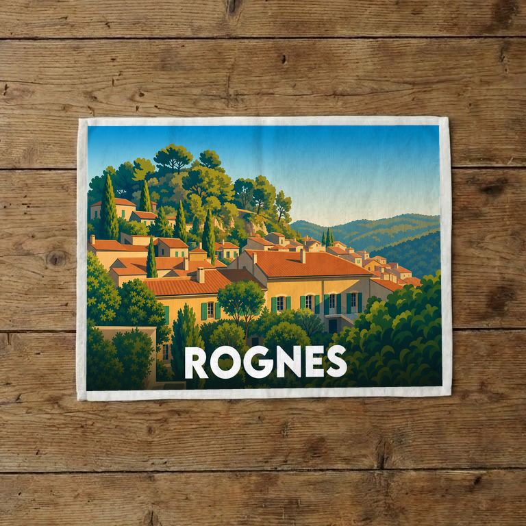 Torchon souvenir de la ville de Rognes avec une illustration stylisée.