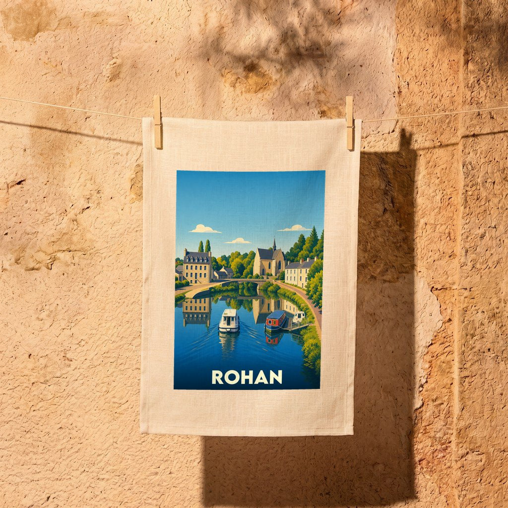 Torchon souvenir de la ville de Rohan avec une illustration stylisée d'un canal et ses bateaux.