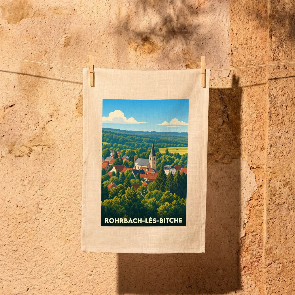 Torchon souvenir de la ville de Rohrbach-lès-Bitche avec une illustration stylisée d'un village niché dans une forêt verdoyante.