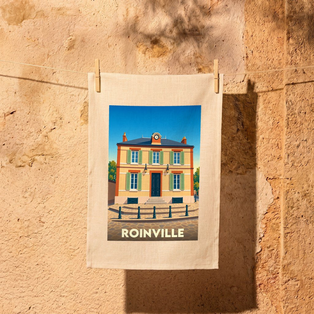 Torchon souvenir de la ville de Roinville avec une illustration stylisée.