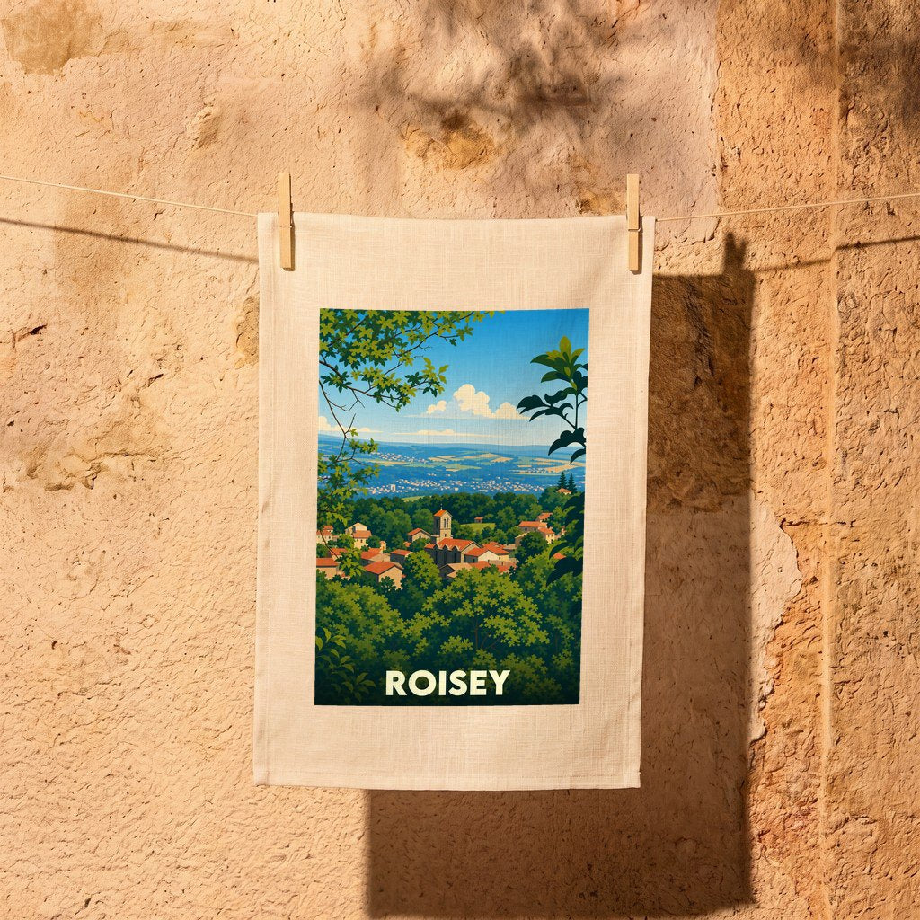 Torchon souvenir de la ville de Roisey orné d'une illustration paysagère stylisée.