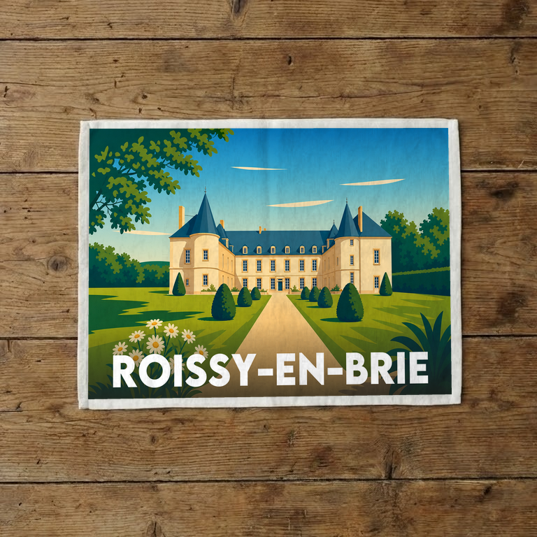 Torchon souvenir de la ville de Roissy-en-Brie avec une illustration stylisée de son château.