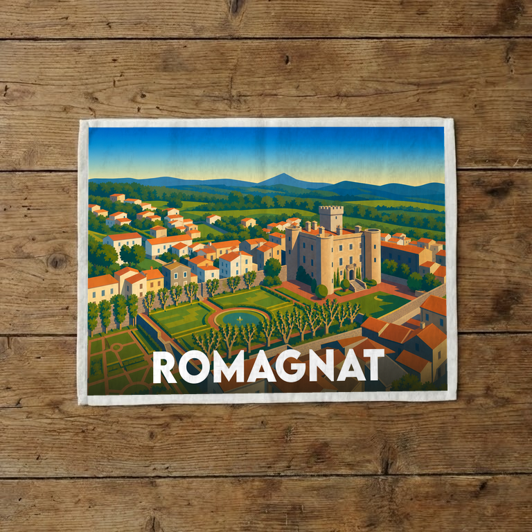 Torchon souvenir de la ville de Romagnat avec une illustration stylisée de son château et de ses paysages.