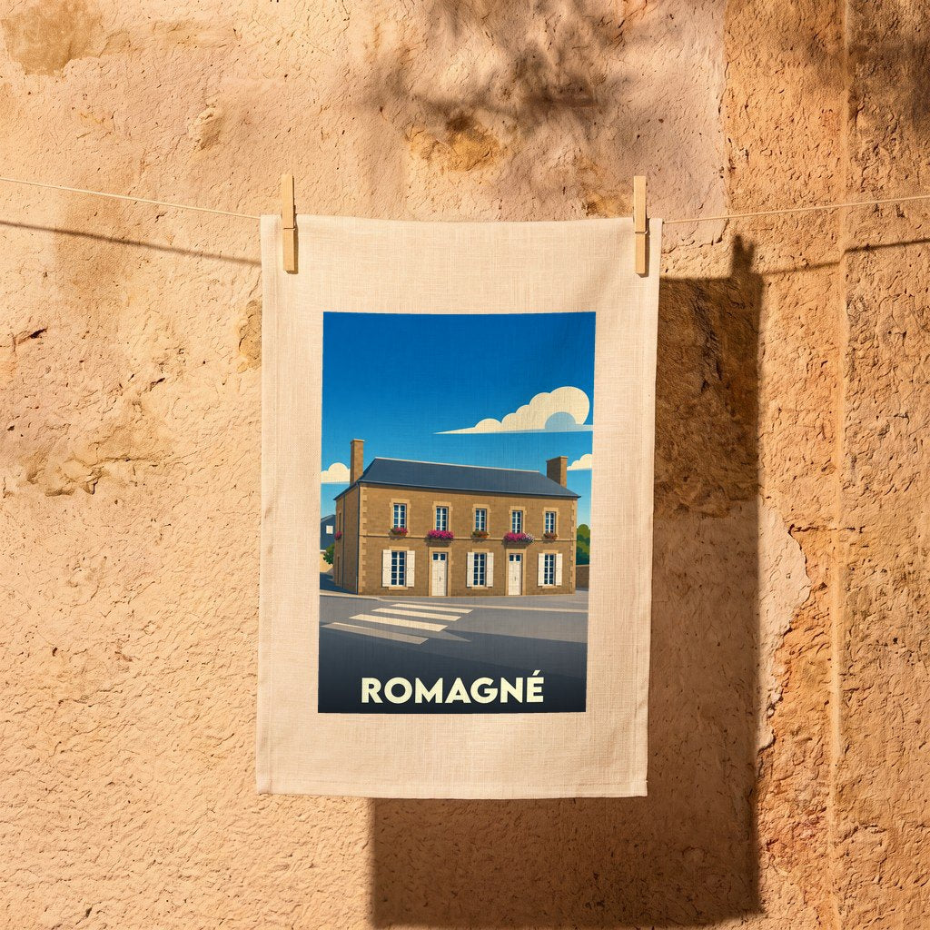 Torchon souvenir de la ville de Romagné avec une illustration stylisée d'une maison traditionnelle.