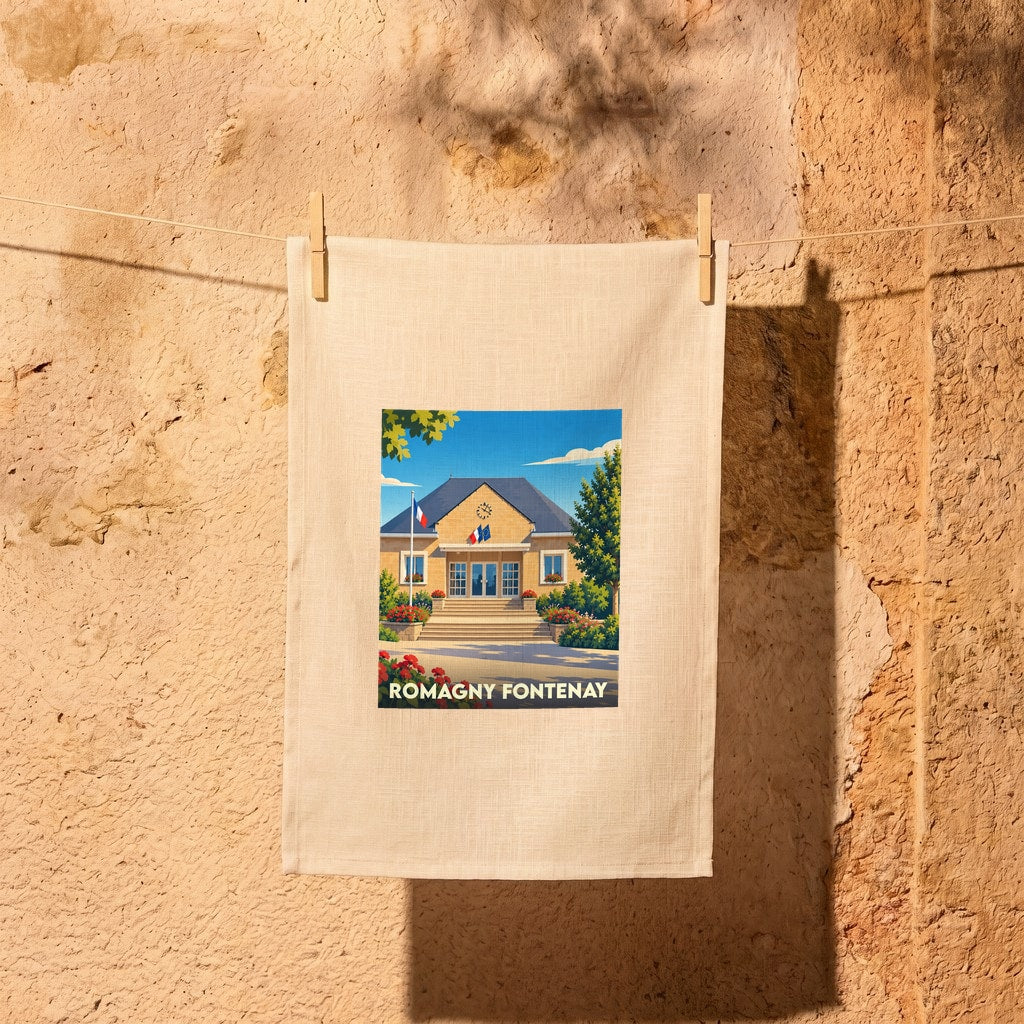 Torchon souvenir de la ville de Romagny Fontenay avec une illustration stylisée de sa mairie.