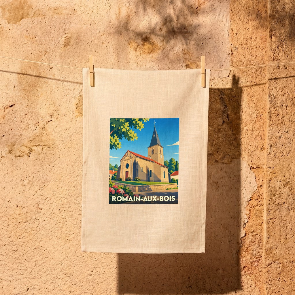 Torchon souvenir de la ville de Romain-aux-Bois avec une illustration stylisée de son église.