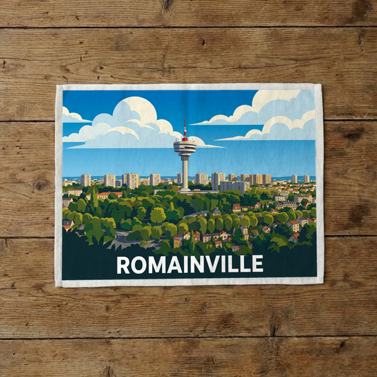 Torchon souvenir de la ville de Romainville avec une illustration stylisée de son paysage urbain et de sa tour.
