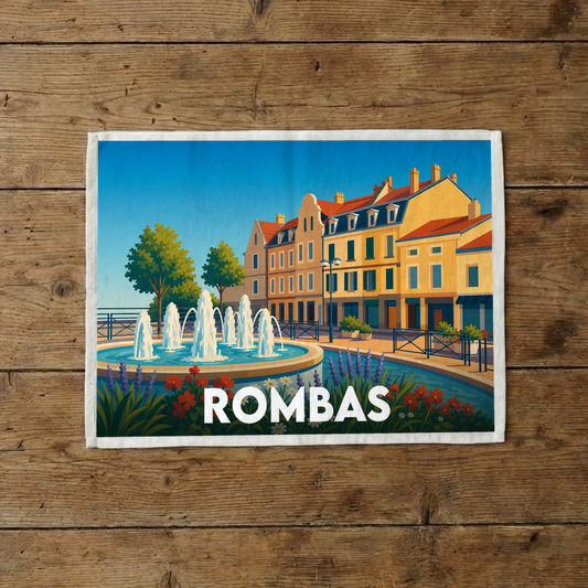 Torchon souvenir de la ville de Rombas avec une illustration stylisée d'une place animée et sa fontaine.