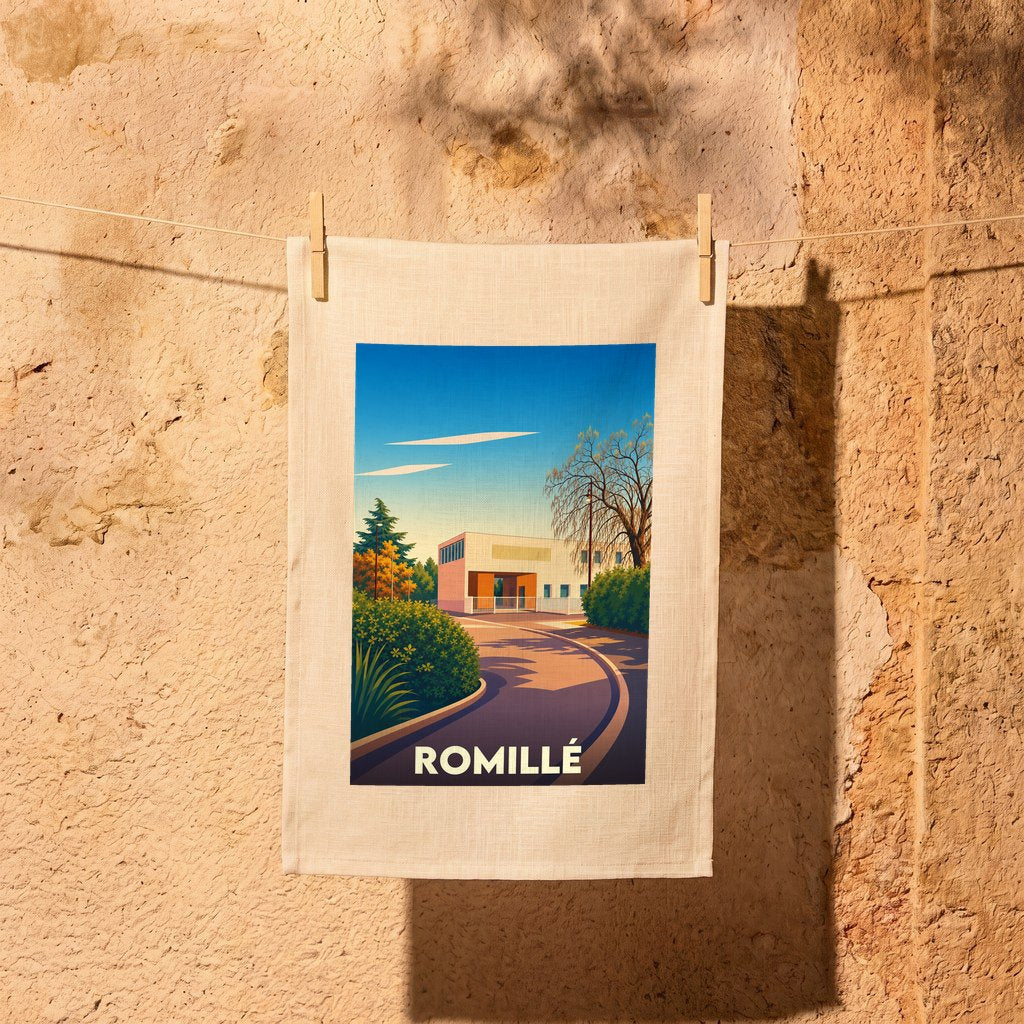 Torchon souvenir de la ville de Romillé avec une illustration stylisée d'un bâtiment moderne et sa rue.
