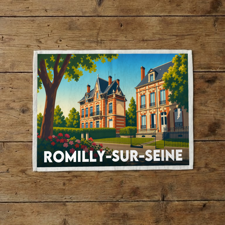 Torchon souvenir de la ville de Romilly-sur-Seine avec une illustration stylisée de maisons de maître.